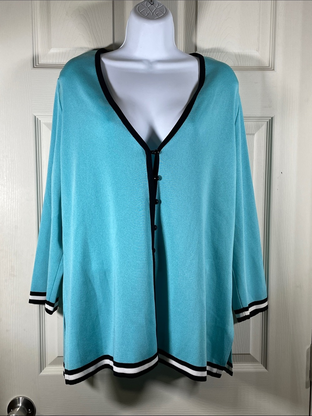 Misook Vintage Turquoise Blue Knit Cardigan with Black Trim